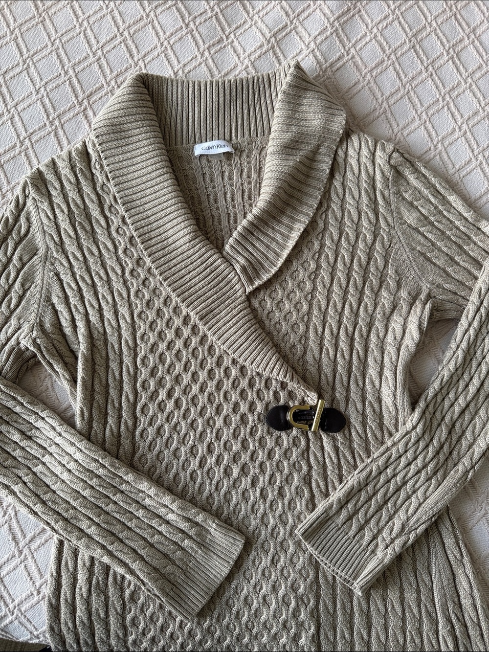Calvin Klein Taupe Cable-Knit Shawl Collar Cardigan Dress with Gold Buckle